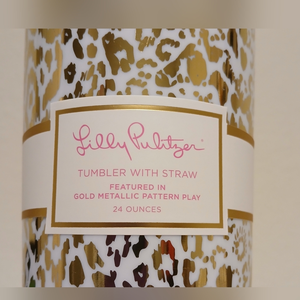 NWT Lilly Pulitzer Gold Leopard Tumbler‎ With Straw - Picture 10 of 10